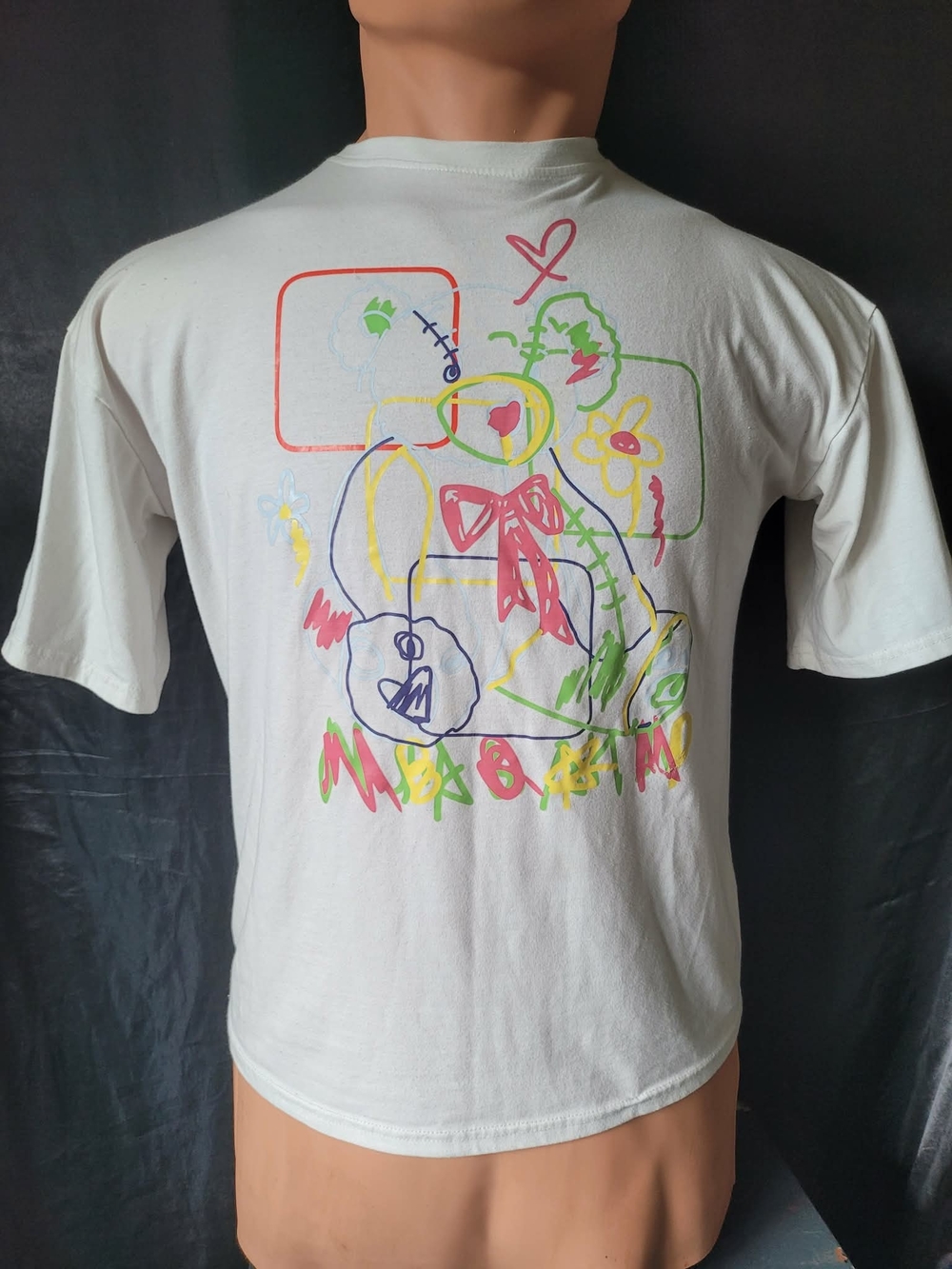 Kids XXL Short Sleeve Tee with Multicolor Doodle Teddy Bear Print - White